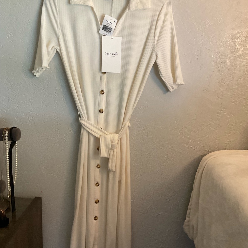 OAK Cream Long Sleeve Button-Down Dress
